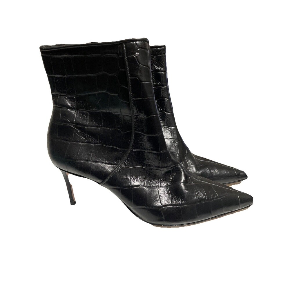 SCHUTZ Abbey Croco Leather Ankle Kitten Heel Boots Black Sz 7.5 MSRP $198